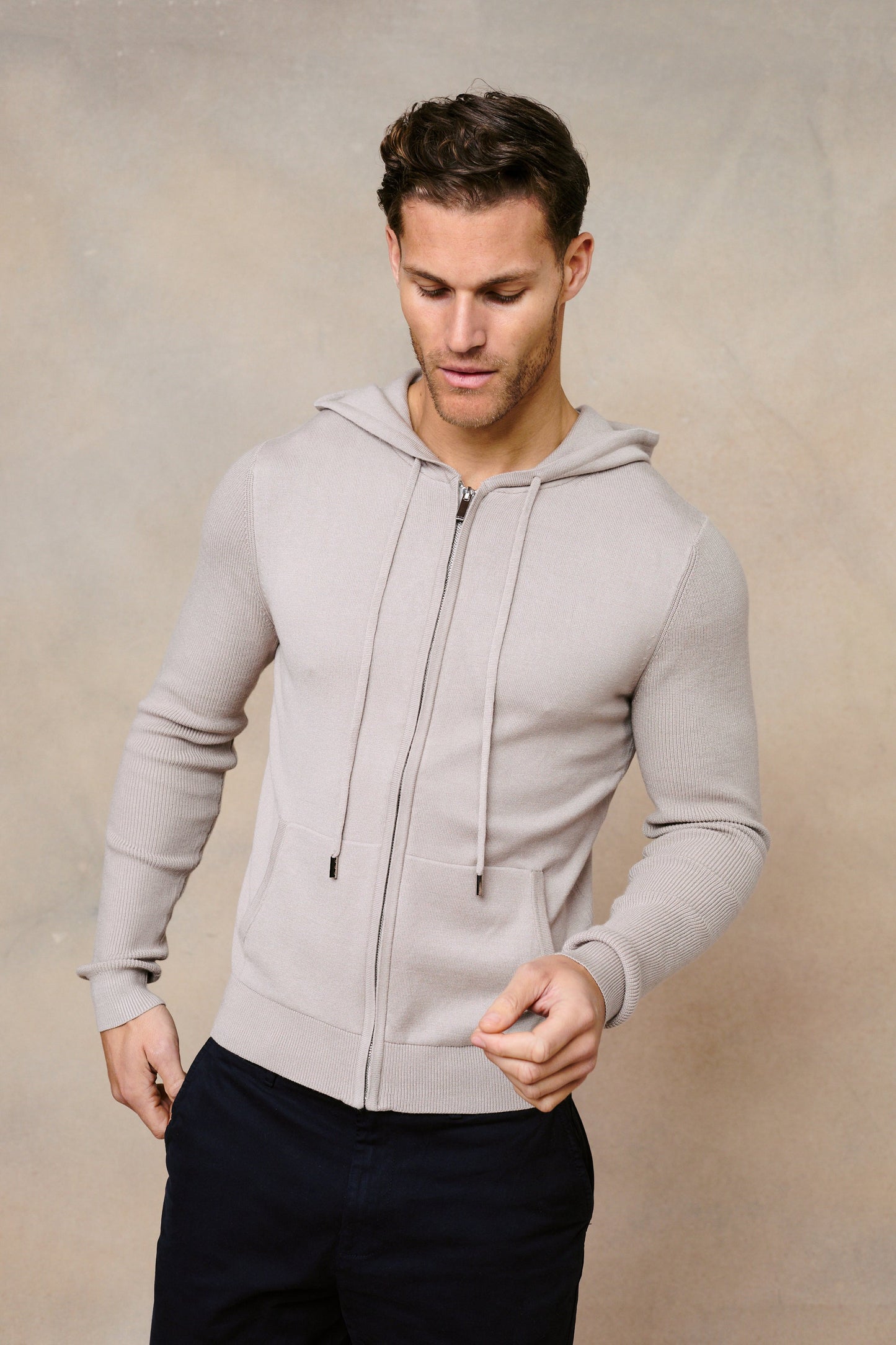 Nolan Knitted Zip Through Hoodie - Taupe