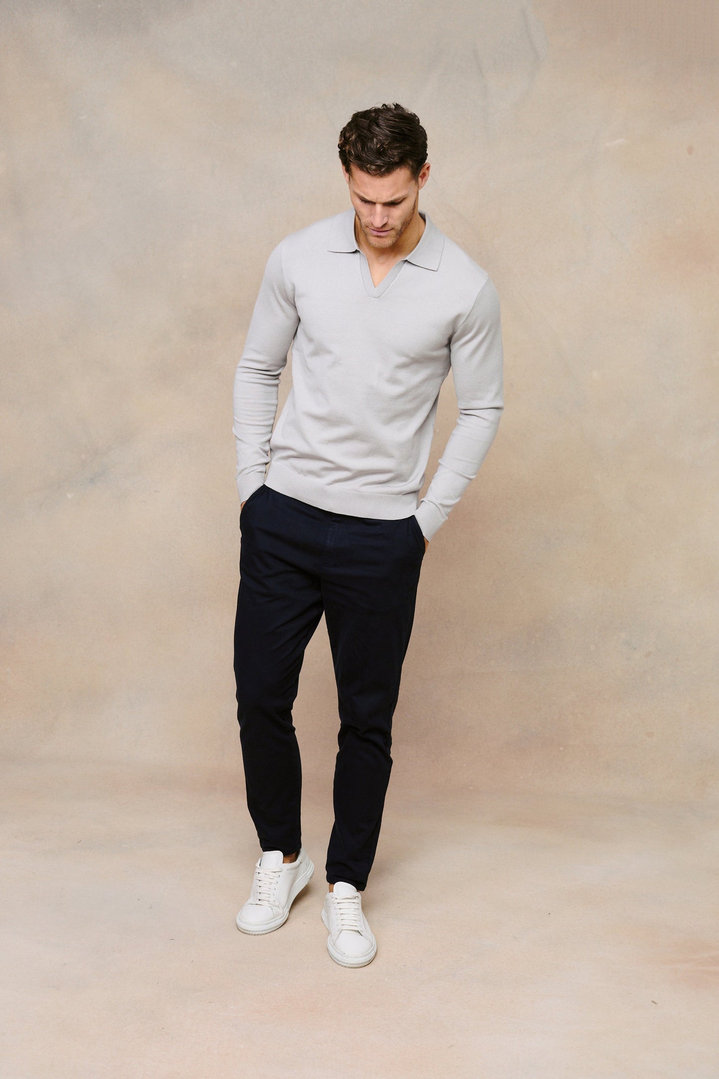 Knitted Long Sleeve Open Collar Polo - Light Grey