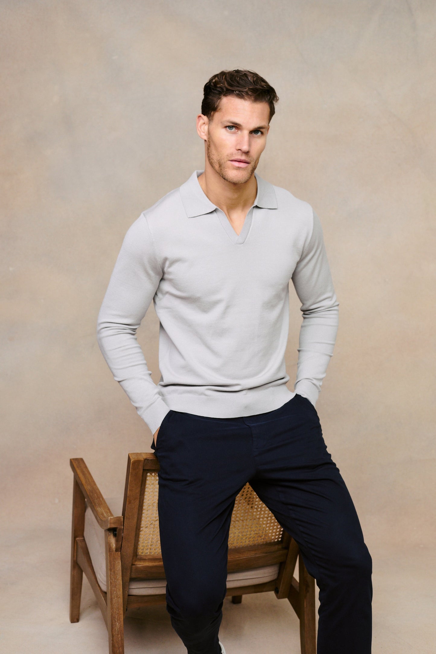 Knitted Long Sleeve Open Collar Polo - Light Grey