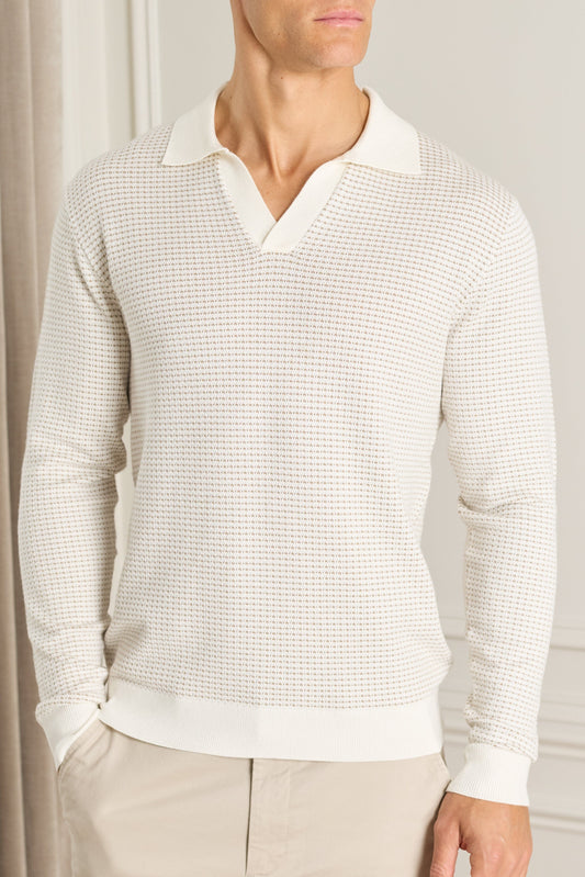 Kai Textured Long Sleeve Open Collar Polo - Beige/Ecru